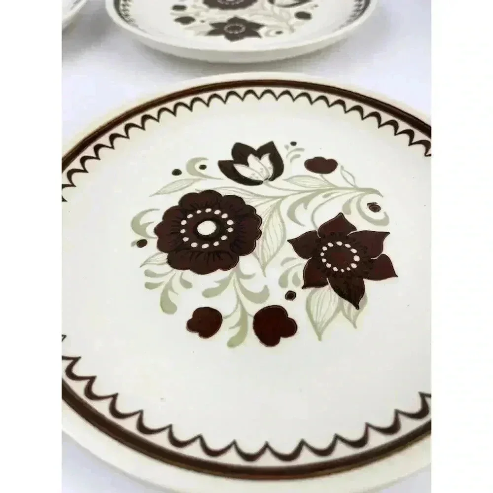 VTG Set of 6 1970's Floral Dessert Plate Brown‎ Tan Flowers 6